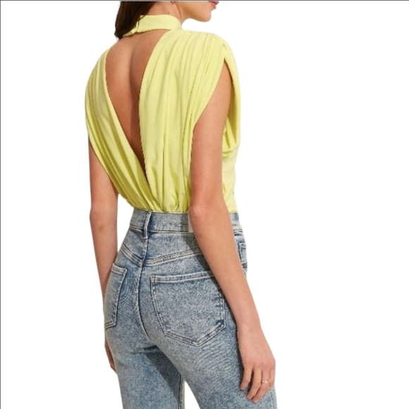 EXPRESS CHIC MODERN FLIRTY  LIME GREEN MOCK NECK THONG BACK DRAPE BODYSUIT LARGE - Picture 3 of 12